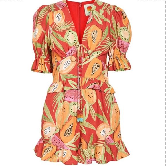 FARM Rio Pants - FARM Rio Papaya Red Romper Shorts beaded large